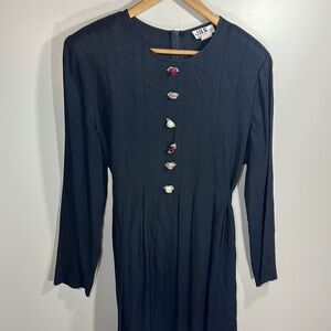 Vintage 1980's J.B.S. LTD Black Long Sleeve Rosette Dress Back Tie Pleated